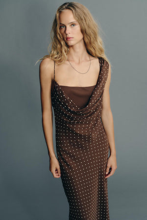 DRAPED NECK POLKA DOT DRESS
